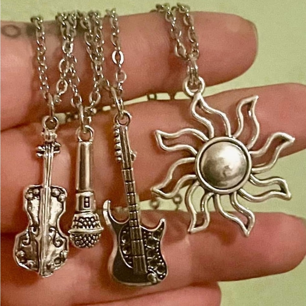 Silver -tone (NOT real silver)Music Instrument & Sun Charm Necklace Set